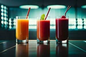 tre annorlunda typer av drycker i glasögon på en tabell. ai-genererad foto