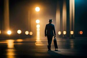 en man i en kostym och hatt promenader genom de mörk på natt. ai-genererad foto