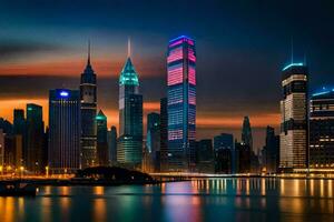 de stad horisont på natt med färgrik lampor. ai-genererad foto