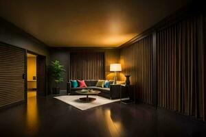 en levande rum med en soffa och en lampa. ai-genererad foto