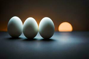 tre ägg är stående i främre av en ljus. ai-genererad foto