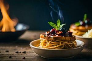 spaghetti med köttbullar och sås på en trä- tabell. ai-genererad foto