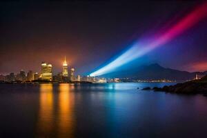 de stad lampor upp i regnbåge färger som den lyser över de vatten. ai-genererad foto
