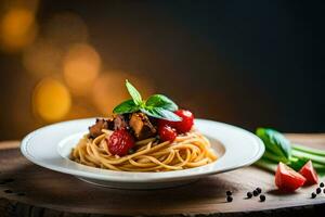 spaghetti med svamp och tomater på en tallrik. ai-genererad foto