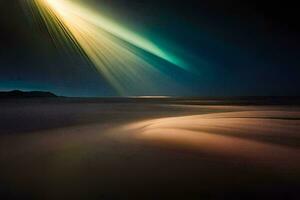 en lång exponering fotografera av en ljus ljus lysande över de hav. ai-genererad foto