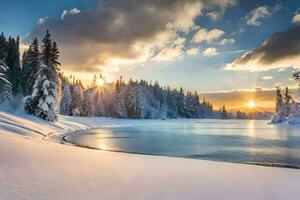Foto tapet de himmel, snö, träd, sjö, Sol, vinter, de berg, de. ai-genererad