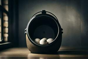 ett ägg i en svart skål på en trä- tabell. ai-genererad foto