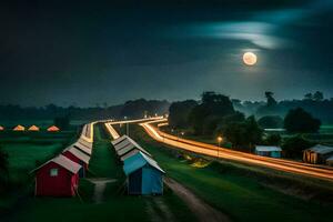en full måne lyser över en fält av tält. ai-genererad foto