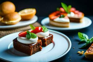 en tallrik av desserter med jordgubbar och vispad grädde. ai-genererad foto