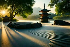 en pagod sitter i de mitten av en sjö. ai-genererad foto