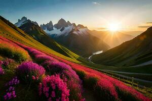 de Sol stiger över de bergen och blommor i de dal. ai-genererad foto