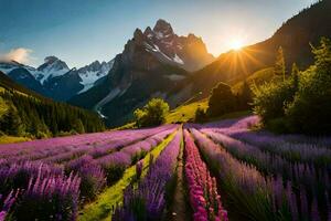 lavendel- fält på solnedgång i de berg. ai-genererad foto