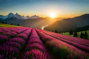 de Sol stiger över en lavendel- fält i de berg. ai-genererad foto