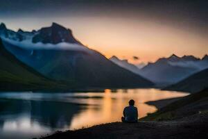 en man sitter ensam på de kant av en sjö på solnedgång. ai-genererad foto