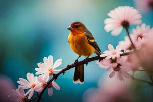 en fågel sitter på en gren med rosa blommor. ai-genererad foto