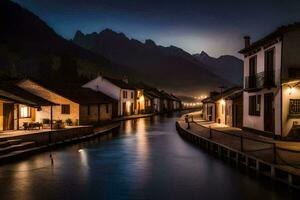 Foto tapet de himmel, berg, natt, de by, de flod, de berg, de. ai-genererad