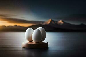 tre ägg på en trä- stå i främre av en berg. ai-genererad foto