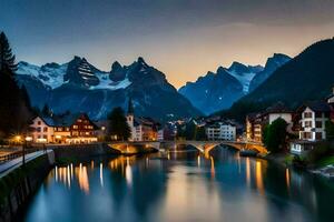 Foto tapet de himmel, berg, flod, stad, schweiz, alpin, schweiz. ai-genererad