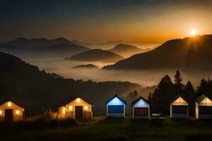 Foto tapet de himmel, berg, dimma, de Sol, de berg, de dimma, de. ai-genererad