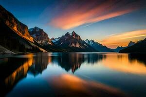 de bergen är reflekterad i de vatten på solnedgång. ai-genererad foto