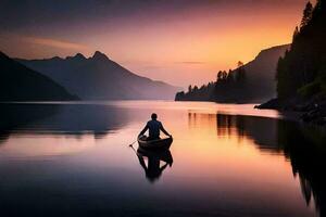 en man i en kanot paddling på solnedgång. ai-genererad foto