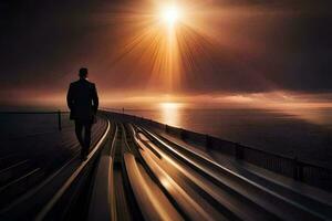 en man promenader längs en järnväg Spår med de Sol lysande Bakom honom. ai-genererad foto