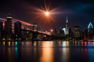 de stad horisont på natt med lampor reflekterande av de vatten. ai-genererad foto