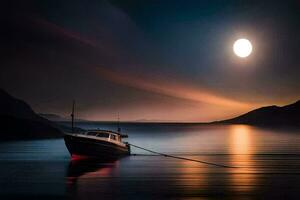 en båt är flytande i de vatten på natt. ai-genererad foto