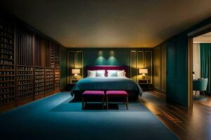 en sovrum med en blå matta och en säng. ai-genererad foto