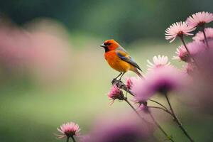 en små orange fågel är uppflugen på en rosa blomma. ai-genererad foto