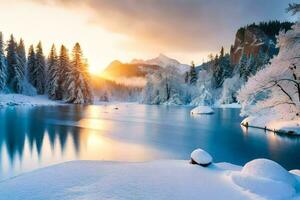 Foto tapet de himmel, snö, träd, sjö, berg, solnedgång, de Sol, de. ai-genererad