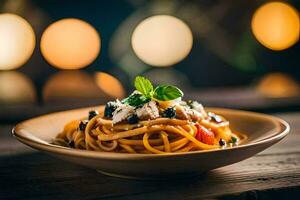 spaghetti med tomat, basilika och mozzarella på en trä- tabell. ai-genererad foto