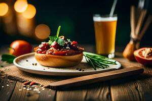 en tallrik med en tomat och kött maträtt på en trä- tabell. ai-genererad foto