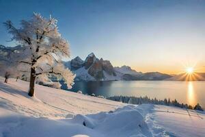 de Sol stiger över en snöig berg räckvidd och sjö. ai-genererad foto