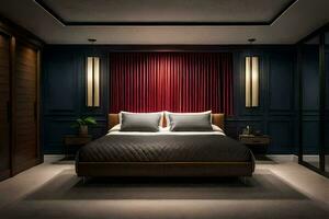 en sovrum med mörk väggar och en säng. ai-genererad foto