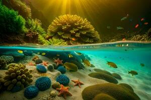 Foto tapet hav, korall, fisk, Sol, sjöstjärna, korall rev, under vattnet, under vattnet. ai-genererad