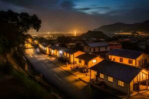 en stad på natt med lampor på de hus. ai-genererad foto