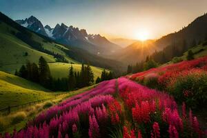 de Sol stiger över en fält av rosa blommor i de berg. ai-genererad foto