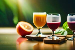 tre glasögon av juice med apelsiner och apelsiner. ai-genererad foto