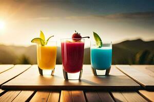 tre färgrik drycker på en trä- tabell. ai-genererad foto