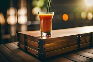 en glas av orange juice på en trä- tabell. ai-genererad foto