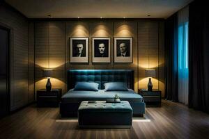 en sovrum med en blå säng och två bilder på de vägg. ai-genererad foto