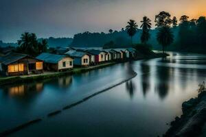 en flod med hus på de banker på solnedgång. ai-genererad foto