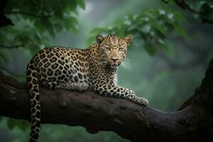 leopard träd gren i skog. generera ai foto