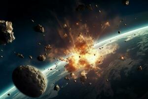 kosmos kollision kolossal explosion ovan jorden. generera ai foto