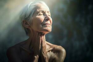 gammal kvinna meditation andas ritual. generera ai foto