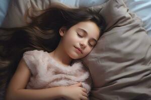 flicka sover lugnt och sött i henne säng och har fantastisk drömmar. ai generativ foto