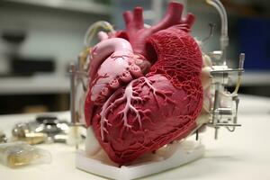 modell av en mänsklig hjärta tryckt på en 3d skrivare. ai generativ foto
