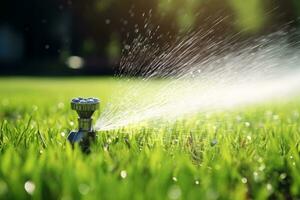 automatisk gräsmatta sprinkler vattning grön gräs. sprinkler med automatisk systemet. trädgård bevattning systemet vattning gräsmatta. vatten sparande eller vatten bevarande från sprinkler systemet. generativ ai. foto