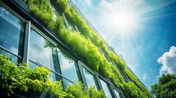miljövänlig byggnad i de modern stad. hållbar glas kontor byggnad med träd för minska kol dioxid. kontor byggnad med grön miljö. företags- byggnad minska co2. generativ ai foto